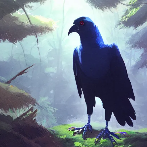 Image similar to concept art painting of an anthropomorphic albino raven wearing dark blue robes, in the deep forest, realistic, detailed, cel shaded, in the style of makoto shinkai and greg rutkowski and james gurney