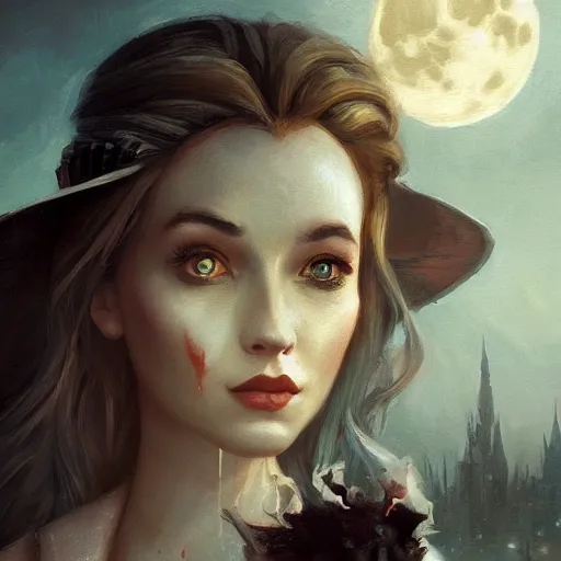 Image similar to closeup portrait of alice in wonderland, dramatic lighting, city background, night, moon, chiaroscuro, high detail, painted by greg rutkowski, painted by igor kieryluk, painted by bobby chiu, trending on artstation