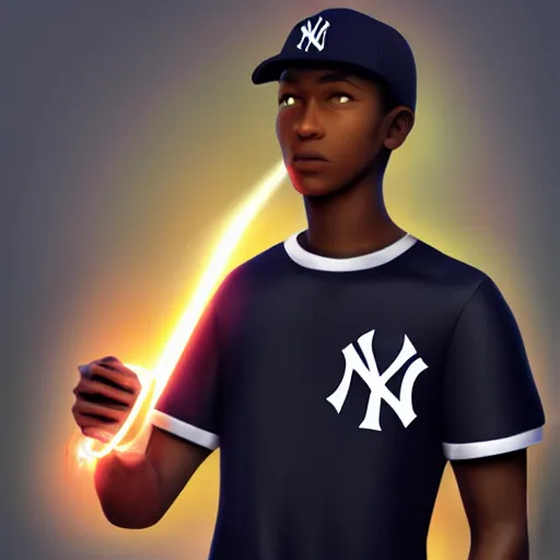 Image similar to black male teen wearing a yankees cap holding a glowing power orb. Trending on Artstation, octane render, ultra detailed, art by Ross tran