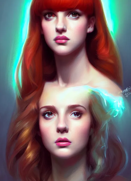 Image similar to portrait of teenage cheryl blossom, bangs, green eyes, mean expression, mischievous expression, red hair, bangs and wavy hair, bangs, intricate, elegant, glowing lights, highly detailed, digital painting, artstation, concept art, smooth, sharp focus, illustration, art by wlop, mars ravelo and greg rutkowski