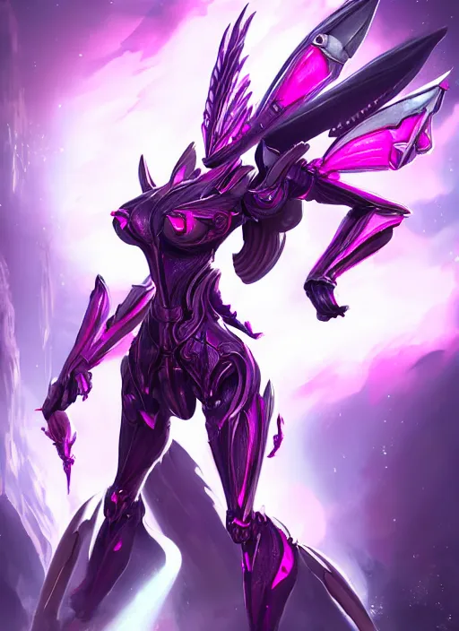 Image similar to cinematic full body, cosmic sized beautiful stunning giant robot mechan hot female dragon goddess, sharp sleek cyborg dragon head, sharp metal ears, smooth purple eyes, smooth fuschia skin, smooth silver armor, nebula, epic proportions, epic scale, macro furry, furry art, dragon art, goddess art, giantess art, warframe, warframe fanart, furaffinity, octane