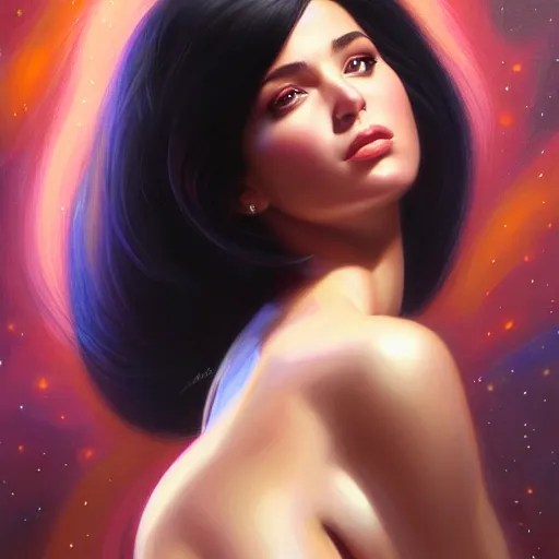 Image similar to a portrait of a very beautiful woman in a spacesuit, Alexandria\'s genesis, shoulder-length black hair, bored, illustration, soft lighting, soft details, painting oil on canvas by mark arian by artgerm, trending on artstation, 4k, 8k, HD, infographic, sci-fi marginalia, holographic