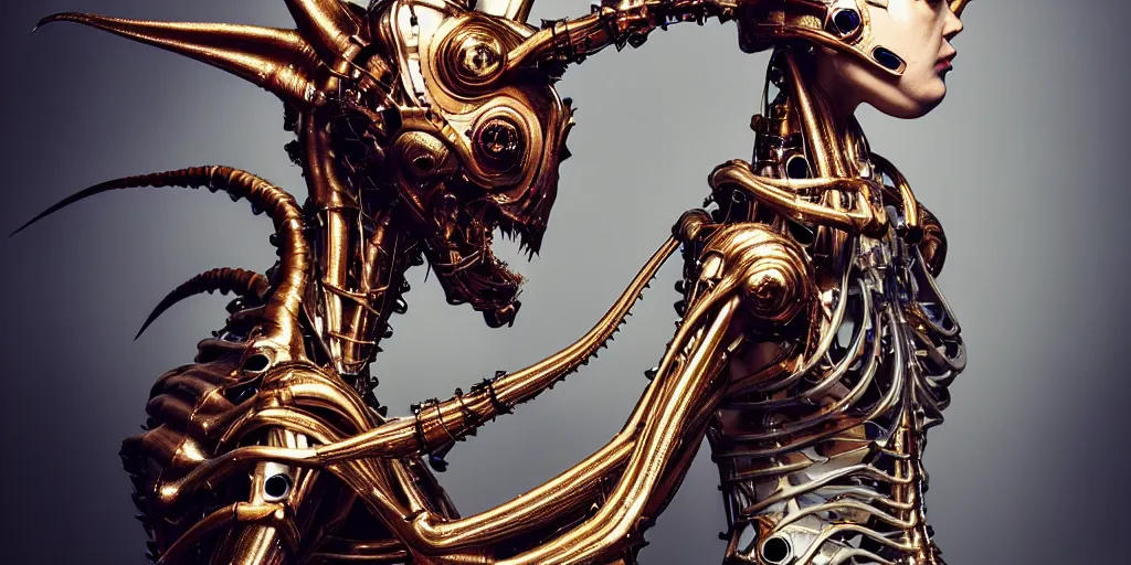 Prompt: space station, vogue, fashion show photo, iris van herpen baroque dress, helmet on face, beautiful woman, perfect body, full body shot, masterpiece, guyver, giger, biomechanical details, denis villeneuve, legendary dragon, cinestill, bokeh, artstation