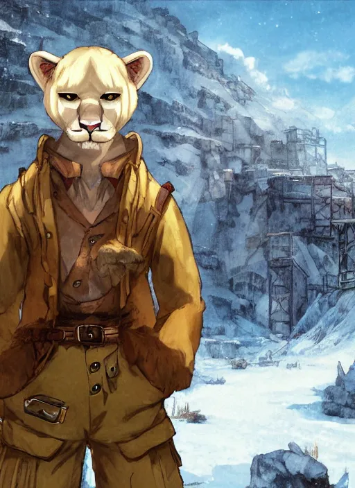 Prompt: character portrait of a anthro!! albino mountain lion wearing miner's clothes at the mines. hidari, color page, tankoban, 4K, tone mapping, Akihiko Yoshida.