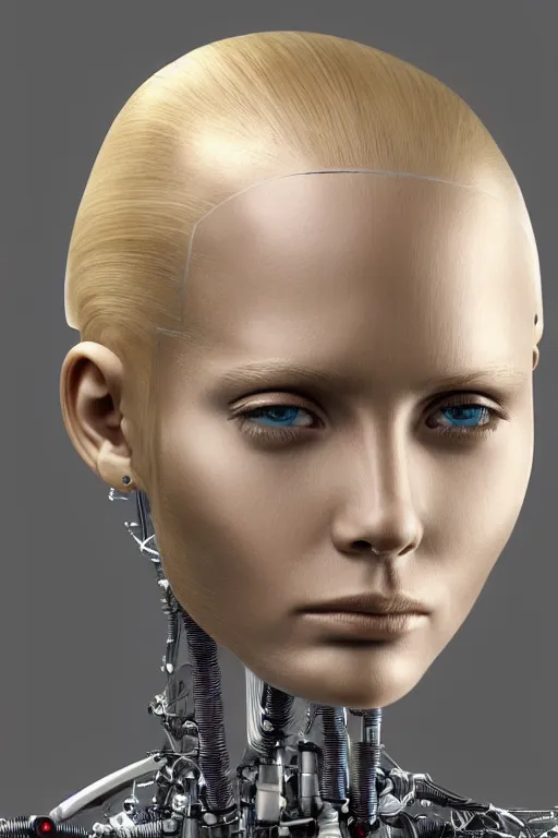 Image similar to robot with human face, female head, full body angle, woman human face, human face realistic, beautiful blonde hair, human head, human head with blonde hair, blonde hair human head, blonde hair, human realistic face, human head skin, cyborg frame concept, cyborg by ales-kotnik, sci-fi android female, the body is made of wires, robotic body, cyborg body, cyborg bust body, robot body cyborg, full body