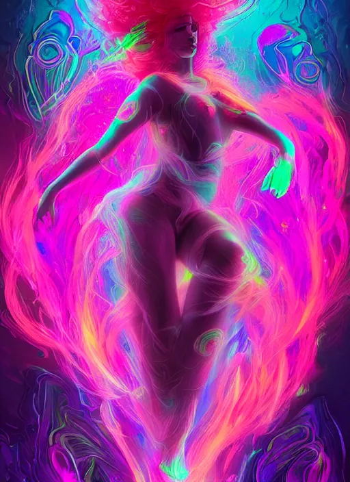 Image similar to psychedelic [ chemiluminescence ] [ [ [ smiling ] ] ] dancing elegant woman chakra spirit with pink hair smoke and fluid dynamics, colorful, psychedelic, ornate, intricate, digital painting, concept art, smooth, sharp focus, illustration, blacklight reacting, art by artgerm and greg rutkowski