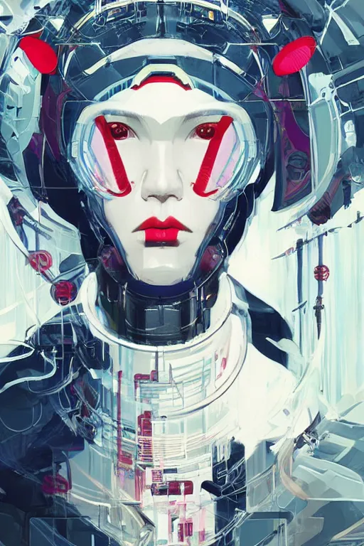 Prompt: A masterpiece portrait of a Incredibly cyber geisha, Ghost in the Shell, medium shot, intricate, elegant, highly detailed. trending on artstation, digital art by Ash Thorp