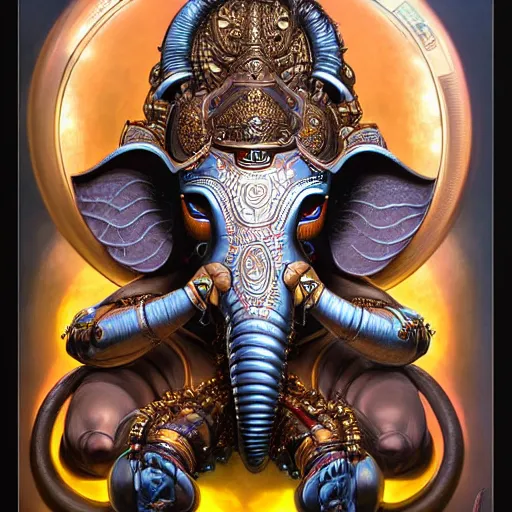 Prompt: biomechanical robot Ganesha , hyper-realistic futuristic portrait, intricate details, hyperdetailed fantasy character, supersharp, hypermaximalist, dramatic lighting, hajime sorayama, brom, Indian god, Ganesha, ganapati, vinayak, futuristic portrait of photorealistic Cyborg Ganesha