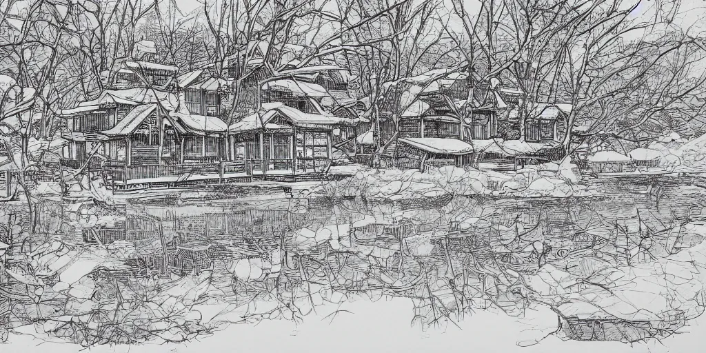 Image similar to line art of a lakehouse in the winter, manga panel, high detail,