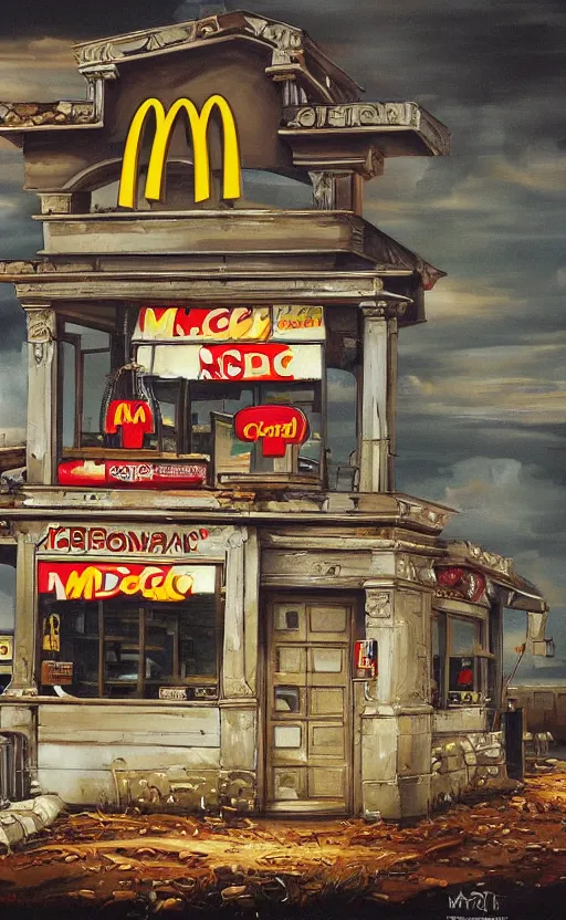 Image similar to amazing intricate painting of mcdonalds in an apocalypse. hd. hq. very detailed.