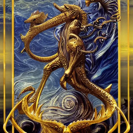 Prompt: poseidon on seahorses, tarot card, ornate, ultradetailed, digital art, irina french, heraldo ortega, mandy jurgens, golden ratio, art canvas, award winning, masterpiece trending on artstation 8 k 1 5 0 mpx