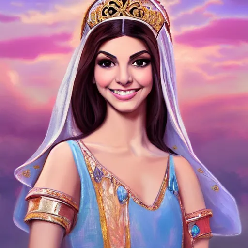 Prompt: a portrait of victoria justice as an arabian princess in a disney movie, crown!! oil painting, pale colors, high detail, 8 k, wide angle, trending on artstation,