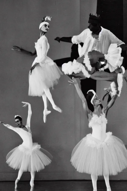 Image similar to black thin man wearing a pink tutu and dying in swan lake ballet on stage