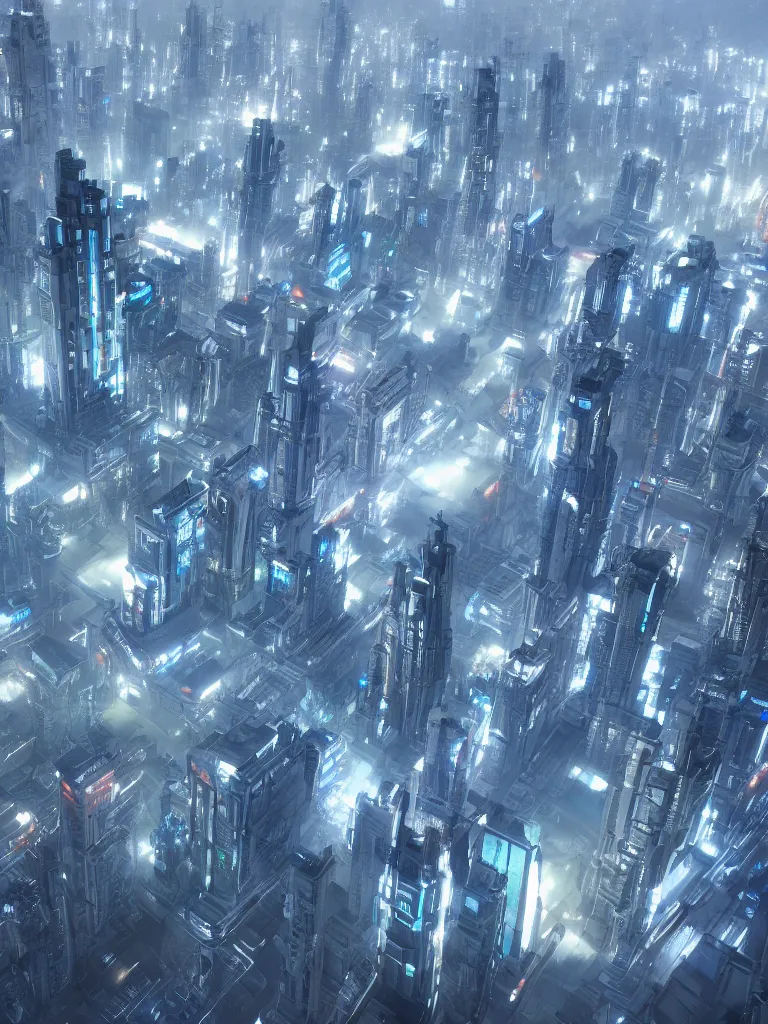 Image similar to utopian city, white buildings, by Leon Tukker, Makoto Kobayashi, synthetic light, blue trees, people on the streets, utopia, perfect, futuristic, 8k high detail, masterpiece, trending on ArtStation