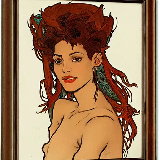 Prompt: portrait of Neytiri with tan skin and spiky red hair by Alphonse Mucha and Larry Elmore