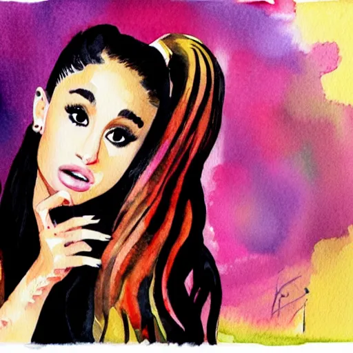 Prompt: A watercolor expressionist portrait of Ariana Grande