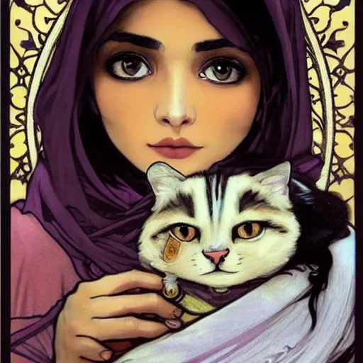 Image similar to cute emo moroccan woman, with long dark hair, thick eyebrows!!! dark eyes and dark circles!, wide nose!!!, big eyes, oval face shape, big cheeks!, she is holding a cat in her arms, by juan villafuerte, greg rutkowski and alphonse mucha, pexels contest winner, high quality photo, hd rtx