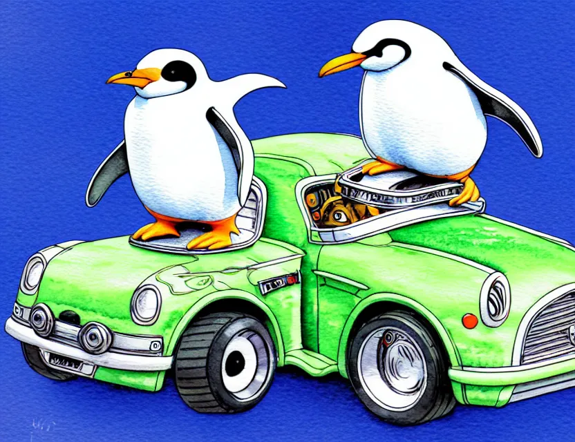 Image similar to cute and funny, penguin wearing a helmet riding in a tiny hot rod with an oversized engine, ratfink style by ed roth, centered award winning watercolor pen illustration, isometric illustration by chihiro iwasaki, edited by range murata, tiny details by artgerm and watercolor girl, symmetrically isometrically centered, sharply focused