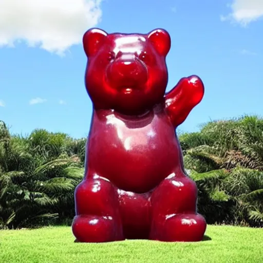 Image similar to stunning image of a giant gummy bear on a pedestal, many people worshipping.