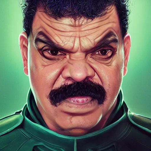 Image similar to hyper realistic, realistic - anime, portrait, beautifully rendered, italian garb the future, dune, caricature, luis guzman as luigi wearing green, painted by wlop, artgerm, dishonored 2,