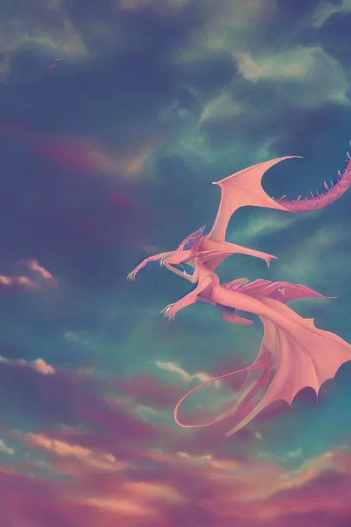 Image similar to a magical dragon making a girl fly in the sky without wings, they are in the edge of a beautiful hill, aesthetic, pastel filter, pastel effect, pastel style, 2 d art