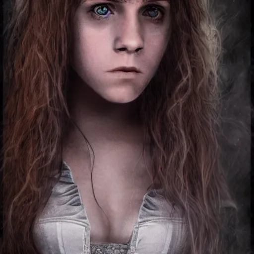 Image similar to dressed Hermione Granger in tattoos, by luis royo, , by Aggi Erguna, top cinematic lighting, cinematic mood, hyperrealism, full-length, clear faces, high detail