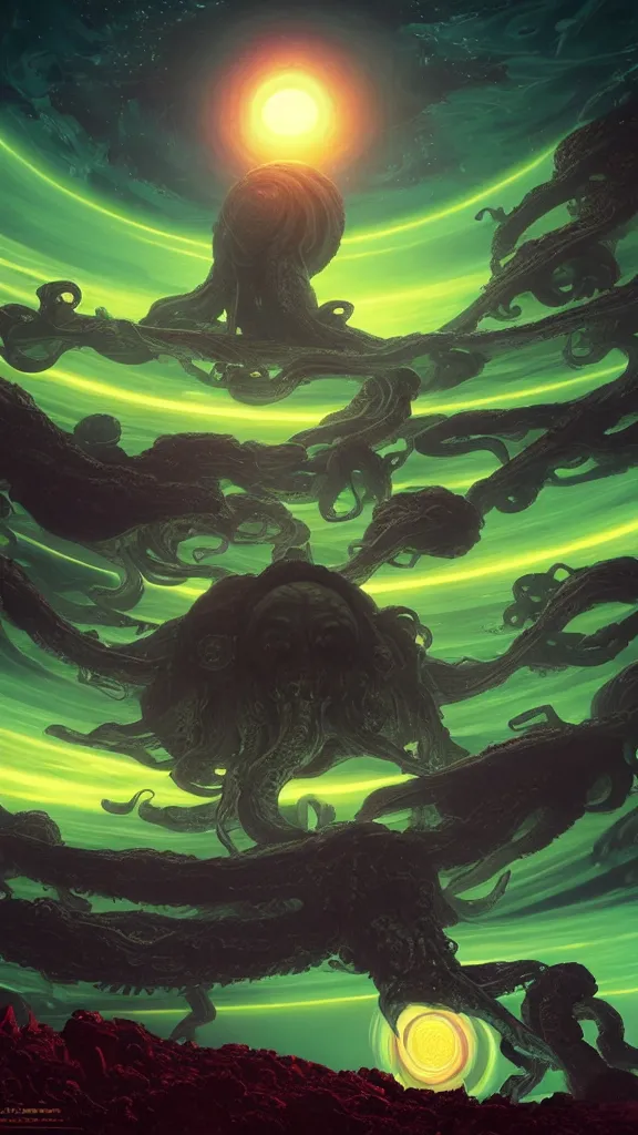 Prompt: a digital art of a cthulhu planet about to inavde other planets in the galaxy, starships around the planets firing at the giant cthulhu monster eye, ultrawide shot, overlook, art by beeple, ayami kojima, cedric peyravernay, finnian macmanus, alphonse mucha, victo ngai, greg rutkowski, concept art