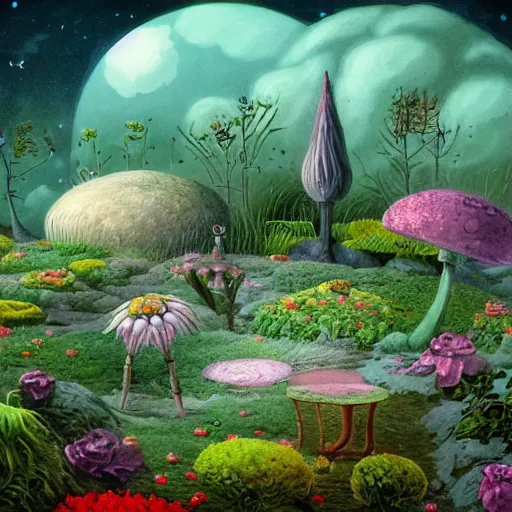 Image similar to a garden on the moon, 8 k, lowbrow, in the style of martin johnson heade, roger dean and alexander jansson, artstation,