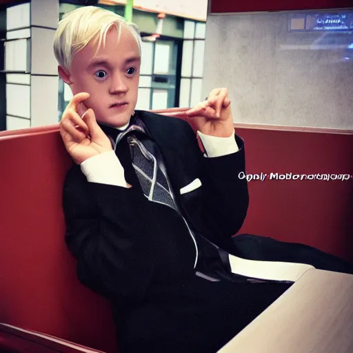 Image similar to Draco Malfoy sitting at a booth in McDonalds, McDonalds interior background, photo