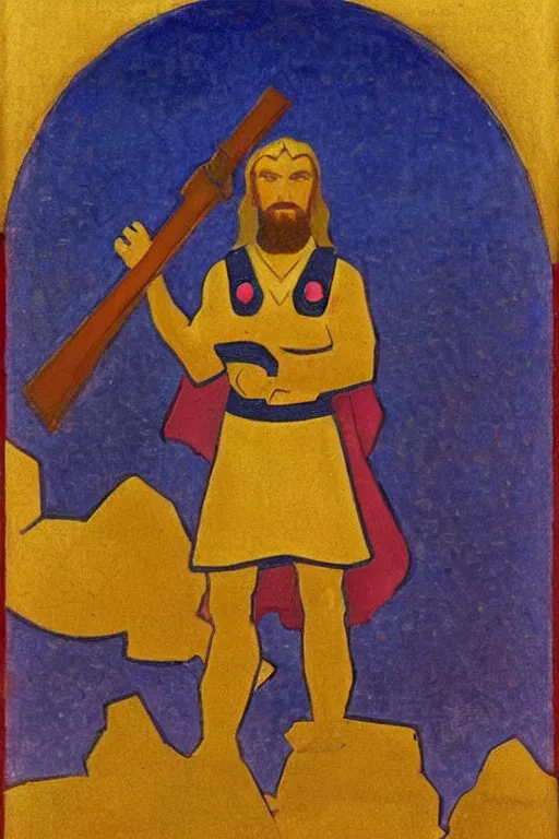 Image similar to thor holding the hammer, marvel, artwork by nicholas roerich,