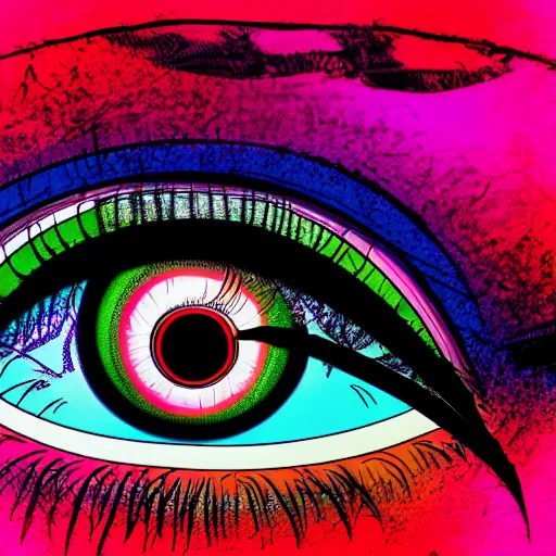 Prompt: landsat false color photo of a female manga style eye, detailed, 4k, vector, contrasting colors