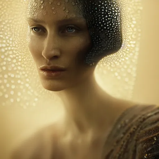 Image similar to full shot of a regal brown woman wearing an intricate and detailed armor made of thousands of dew drops. refracted light. reflections. morning dew.. delicate. translucent. no makeup!! haunting eyes. vulnerable. fragile. ethereal. refracted light. by louise dahl - wolfe. by michal karcz. octane render