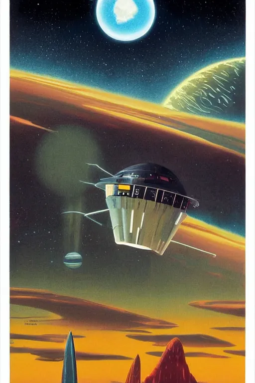 Prompt: 7 0 s travel poster for an extraterrestrial system destination, chris moore