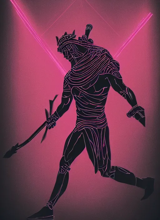 Prompt: elegant dark design poster showing a heroic statue of achilles, black background with very subtle red and purple design elements, bold, powerful, nekro, vito acconci, thin straight purple lines, dark, glitch art, neo vaporwave, gritty, layout frame, square, trending on artstation