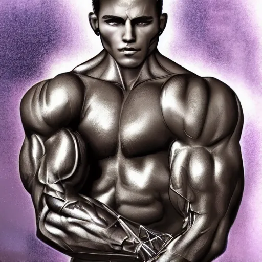 Image similar to a realistic detailed photo of a bodybuilder who is also a male android Chris Redfield, shiny skin, posing robotically, blank stare