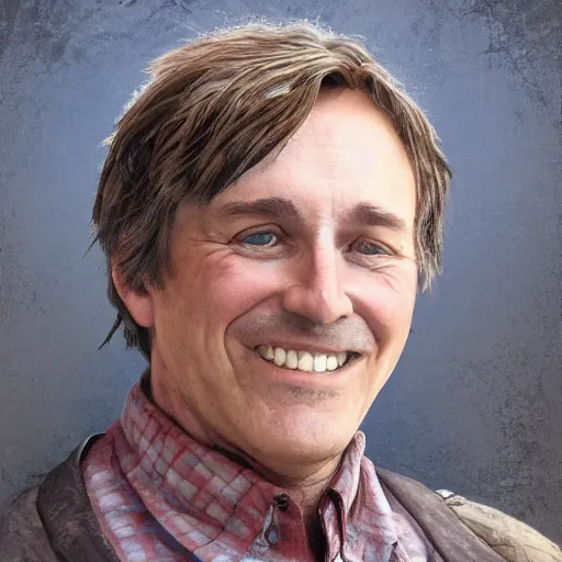 Prompt: A smiling middle-aged farmhand with tousled brown hair, fantasy character portrait