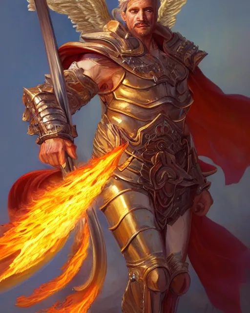 Prompt: character portrait of a brawny male angel of justice, with fiery golden wings of flame, wearing shining armor, wielding a flaming sword and shield, by peter mohrbacher, mark brooks, jim burns, wadim kashin, greg rutkowski, larry elmore, trending on artstation