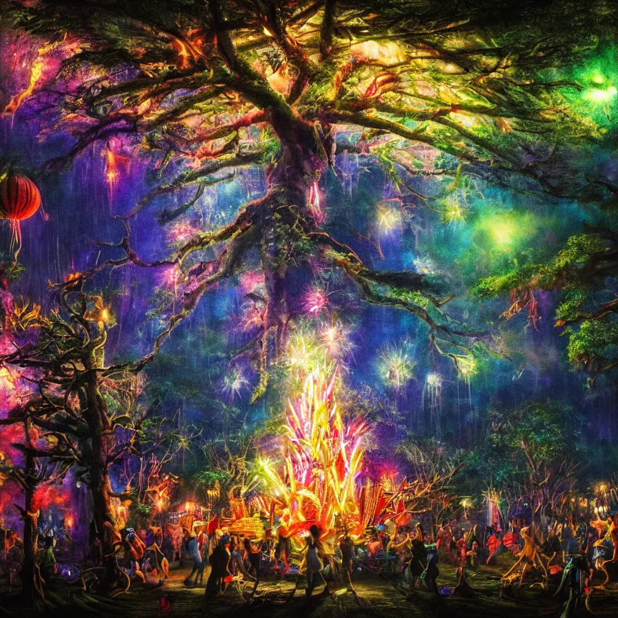 Prompt: closeup of a night carnival inside a tree cavity in a magical forest in the middle of a summer storm, with a music scenario with many fireworks and christmas lights, volumetric lightning, instense god rays in the sky, folklore people disguised with fantastic creatures in a magical forest by summer night, masterpiece painted by koson ohara, very coherent and colorful high contrast masterpiece,