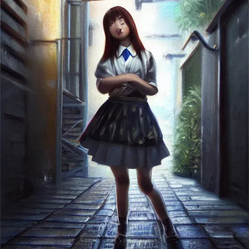 Prompt: a perfect, very detailed, realistic professional oil painting of a Japanese schoolgirl posing in a dystopian alleyway, style of Marvel, full length, by a professional American senior artist on ArtStation, a high-quality hollywood-style concept