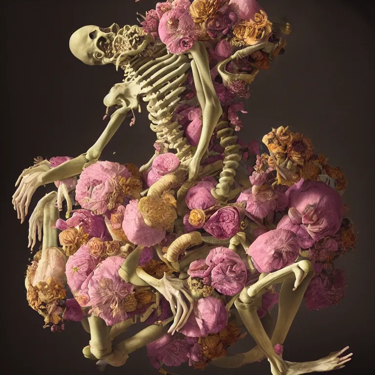 Prompt: still life of rotten flesh, beautiful pastel flowers, human spine, colorful mold, baroque painting, beautiful detailed intricate insanely detailed octane render, 8K artistic photography, photorealistic, chiaroscuro, Raphael, Caravaggio