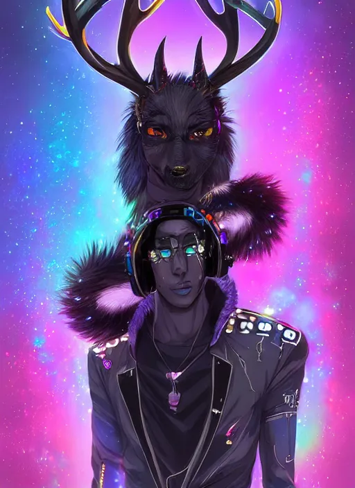 Image similar to award winning beautiful portrait commission of a male furry anthro Black Reindeer cyberpunk fursona with a tail, wings, wings, wings and a cute beautiful attractive detailed furry face wearing stylish black and rainbow galaxy clothes, outline, in a cyberpunk city at night while it rains. Character design by charlie bowater, ross tran, artgerm, and makoto shinkai, detailed, inked, western comic book art