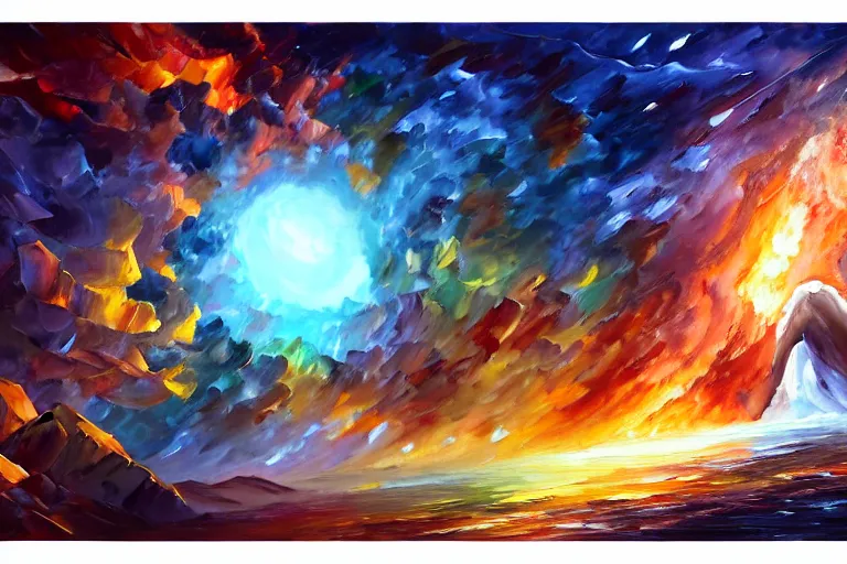Prompt: a god giving birth to a new universe and then dissolving itself into it, in the style of wlop and leonid afremov, illustration, epic, fantasy, hyper detailed, smooth, unreal engine, sharp focus, ray tracing