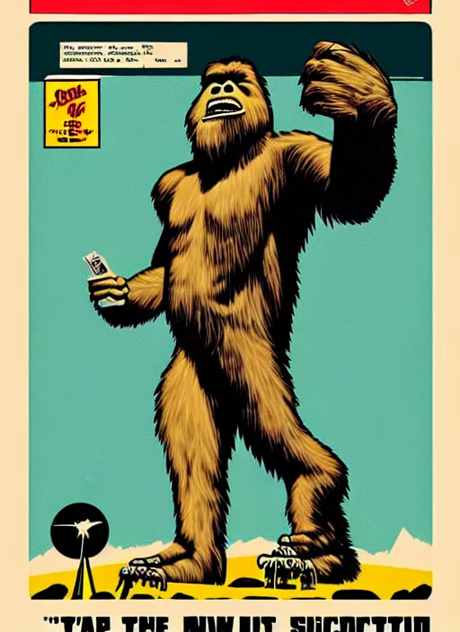 Image similar to bigfoot in retro sci fi pulp newsprint illustration cover