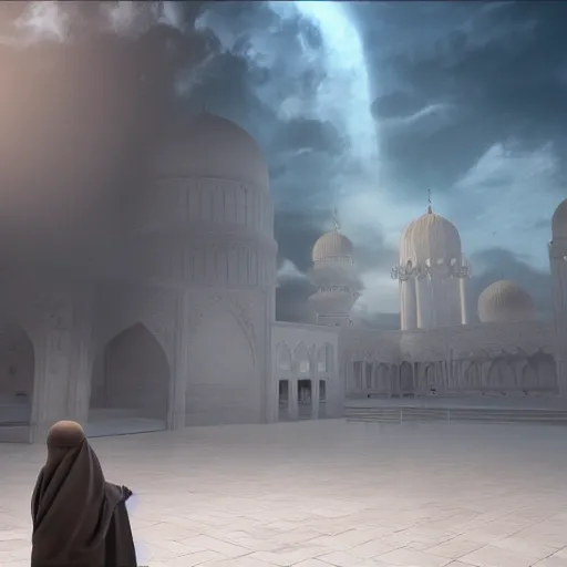 Image similar to a jinn lurking behind a muslim, digital art, realistic, unreal engine 4