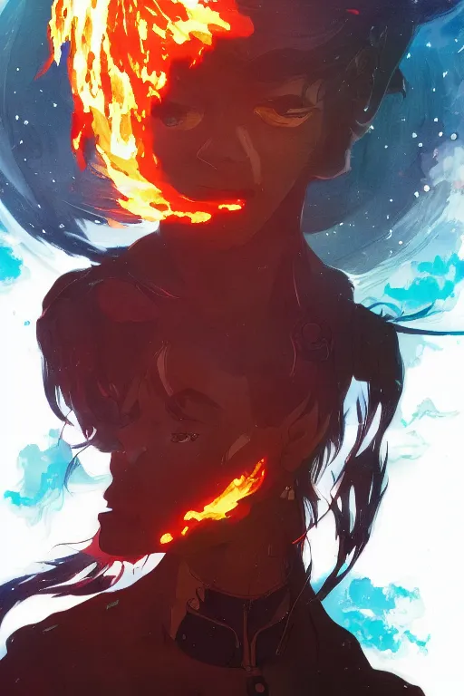 Image similar to the wondering man touched by flames, pixiv fanbox, cinematic light, anime style, graphic novel by fiona staples and dustin nguyen, peter elson, alan bean, wangechi mutu, clean cel shaded vector art, trending on artstation