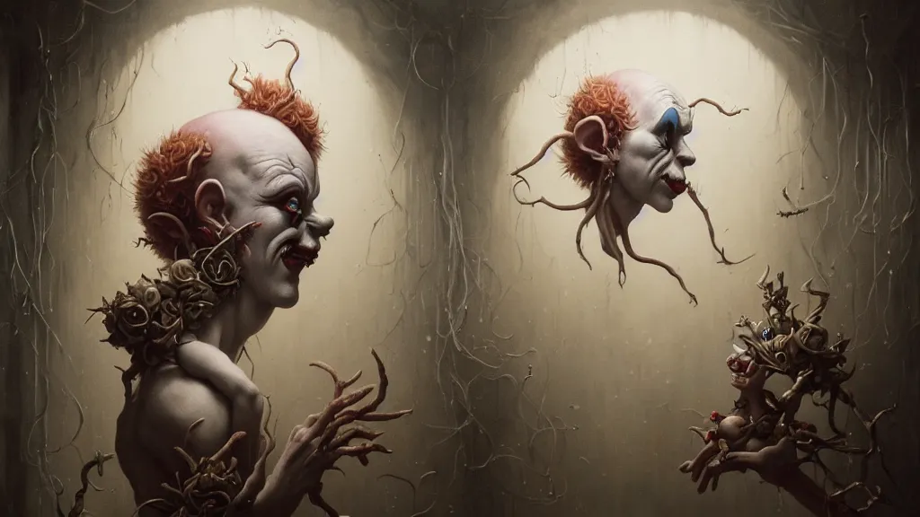 Image similar to a clown portrait in cloistered alleyway dreaming of a circus, in the style of peter mohrbacher by weta digital and beth cavener, high face symmetry, intricate, masterpiece, award winning, high face symmetry, intricate