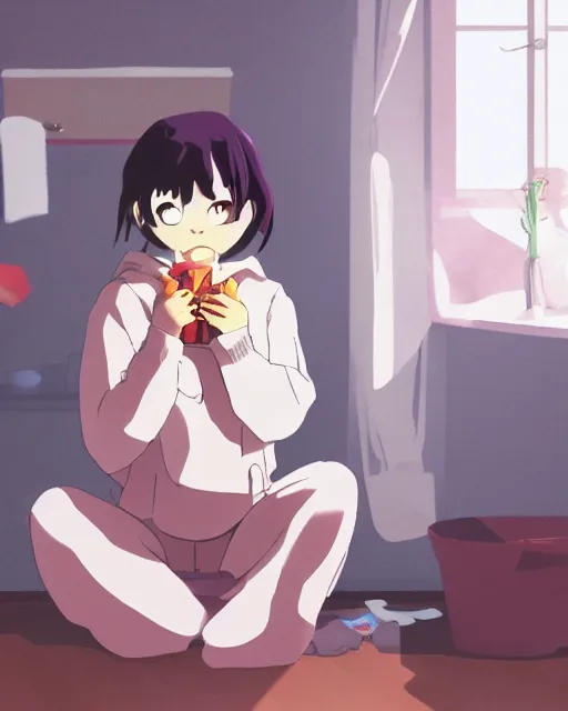 Prompt: a girl sitting on the toilet eating toast in a cluttered room, wearing a hoodie, anime scene by Makoto Shinkai, digital art, 4k