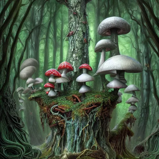 Image similar to Close up hyper detailed fantasy mushroom elf elves in the forest digital art, 4k, artstation deviantart concept art studio lighting by jacek yerka, alex gray, zdzisław beksiński, dariusz zawadzki, jeffrey smith and h.r. giger, oil on canvas, 8k highly professionally detailed, trending on artstation