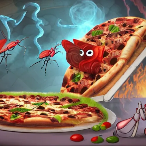 Image similar to bugs and maggot pizza, artstation, fantasy