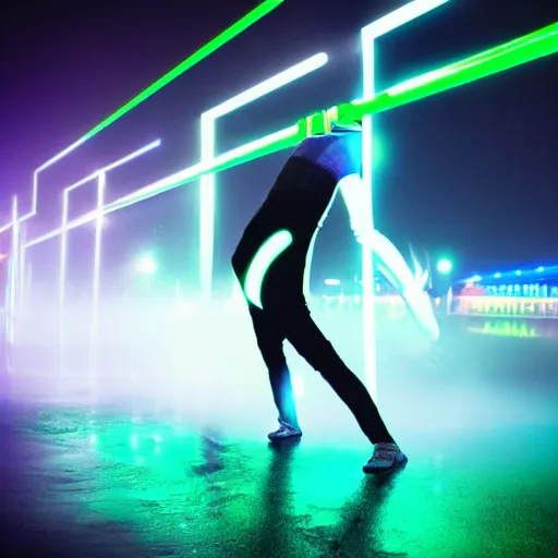 Image similar to break dancer made of neon lights, long exposure shot, tron, fog, water on the ground, cinematic view from lower angle, design, adobe